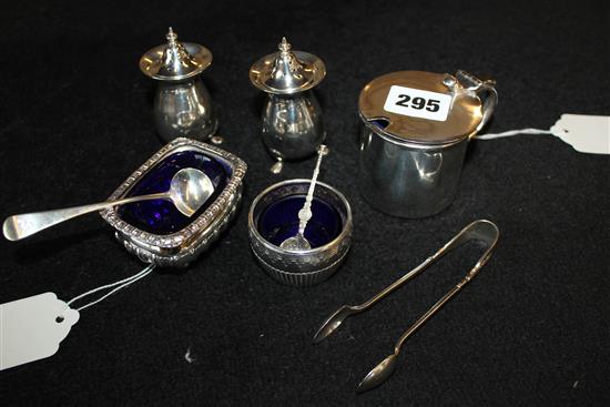 Pair of silver peppers, two other silver condiments & spoons, plated mustard & tongs